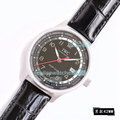 Replica IWC Portuguese Yacht Club SS Black Dial Black Leather Watch